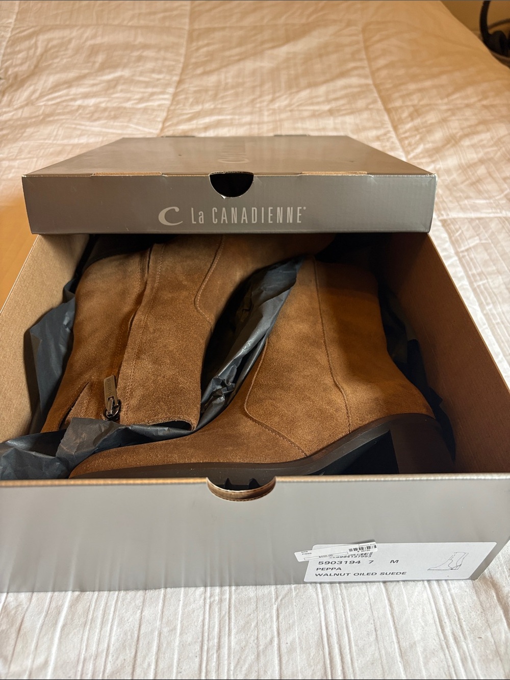 NIB La CANADIENNE Walnut Suede Side-Zip Peppa Women’s Boots Sz 7